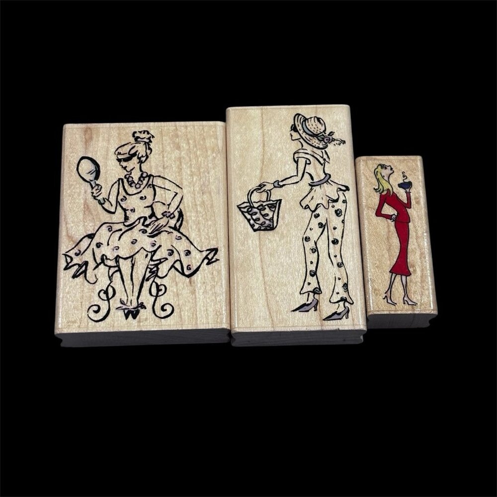 Stampabilities 3 Rubber Stamps OLIVIA SWIRLS  Wood Mounted Fancy Ladies Crafts